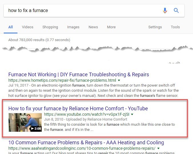 videos in the first page of google SERPs for HVAC and plumbing