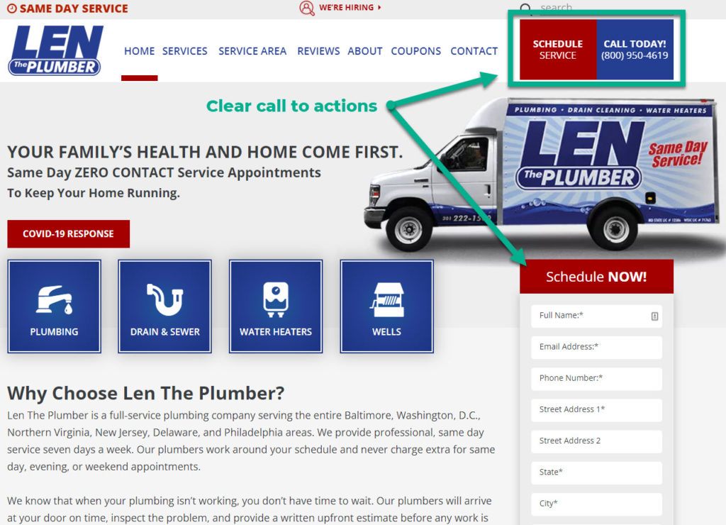 plumbing website design tip: include clear call to actions