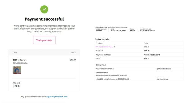 payment confirmation for "buy tiktok followers" from two different sites