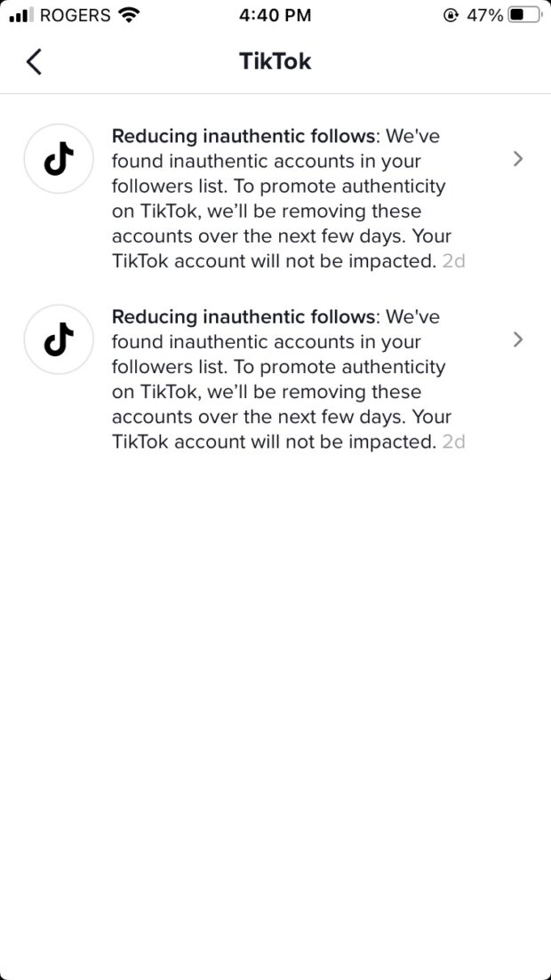 two messages from TikTok to the author's TikTok account about "reducing inauthentic follows"