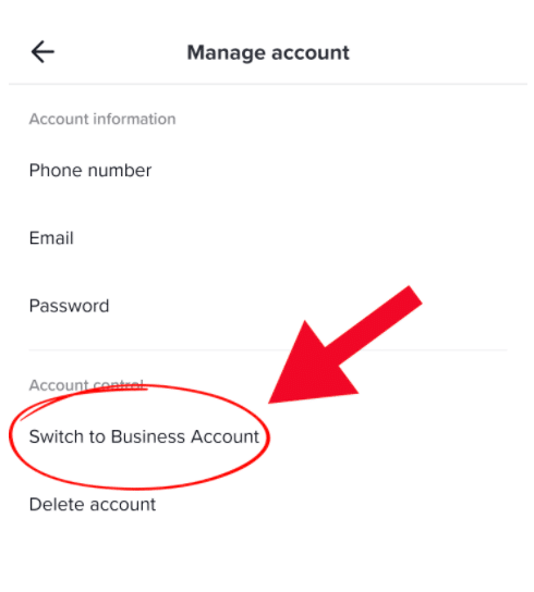 switch to business account under Manage Account