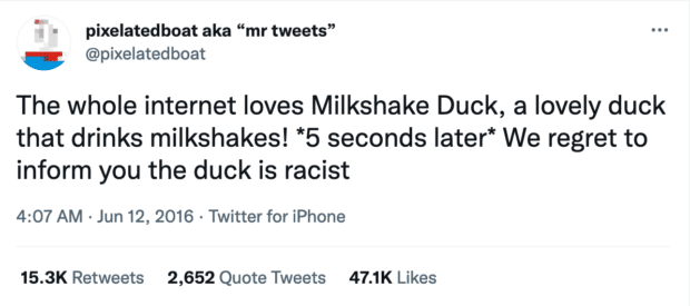 Pixelated boat milkshake duck tweet from 2016