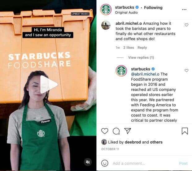 Starbucks FoodShare Instagram reply