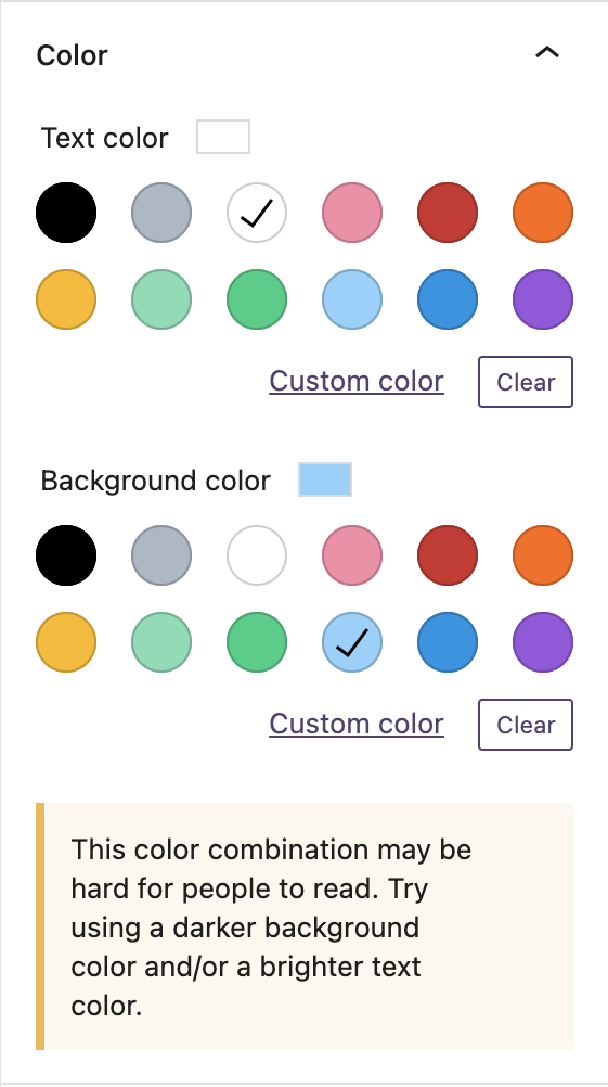 The block editor color panel is displaying a warning that the color combination may be hard for people to read.