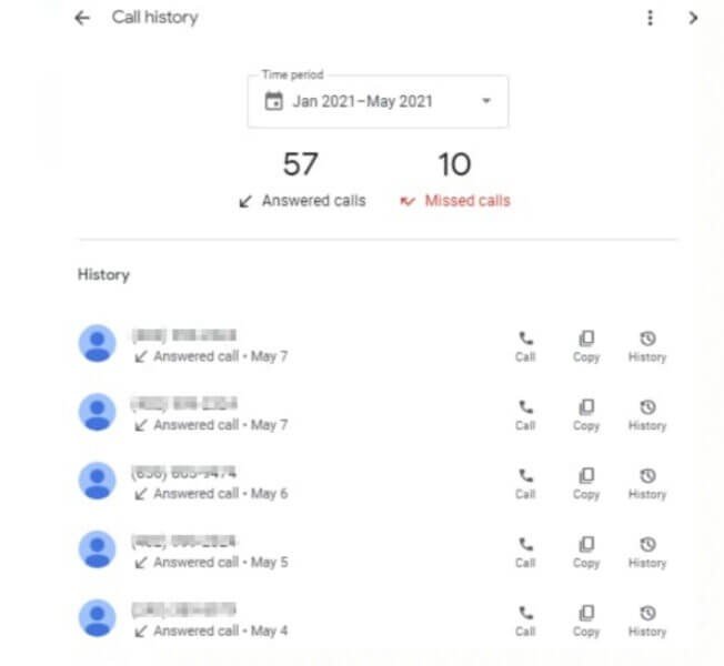 Log of calls in Google My Business call history
