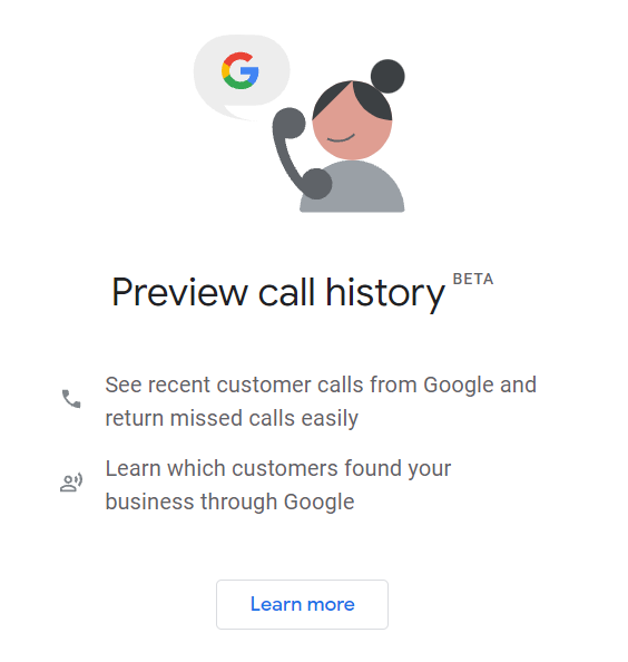 Google My Business call history preview