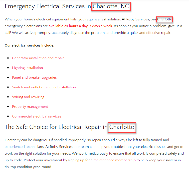 Electrician web content optimized for local SEO