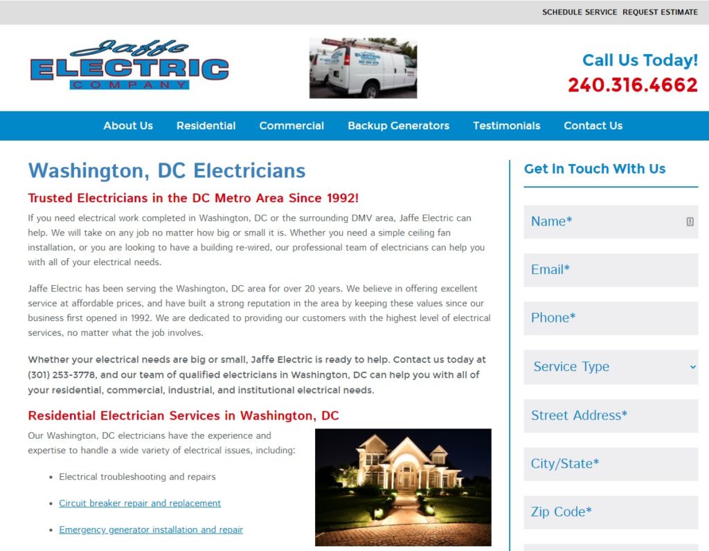 Service area location page for an electrician