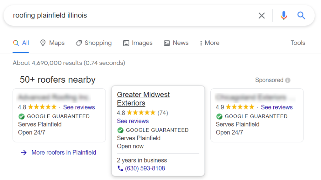 Search rankings in Local Services Ads for roofers