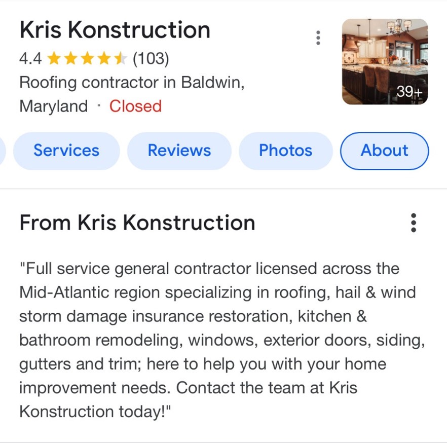 Roofing company's business description on Google Business Profile