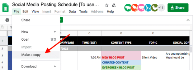 Google Sheets social media posting schedule template