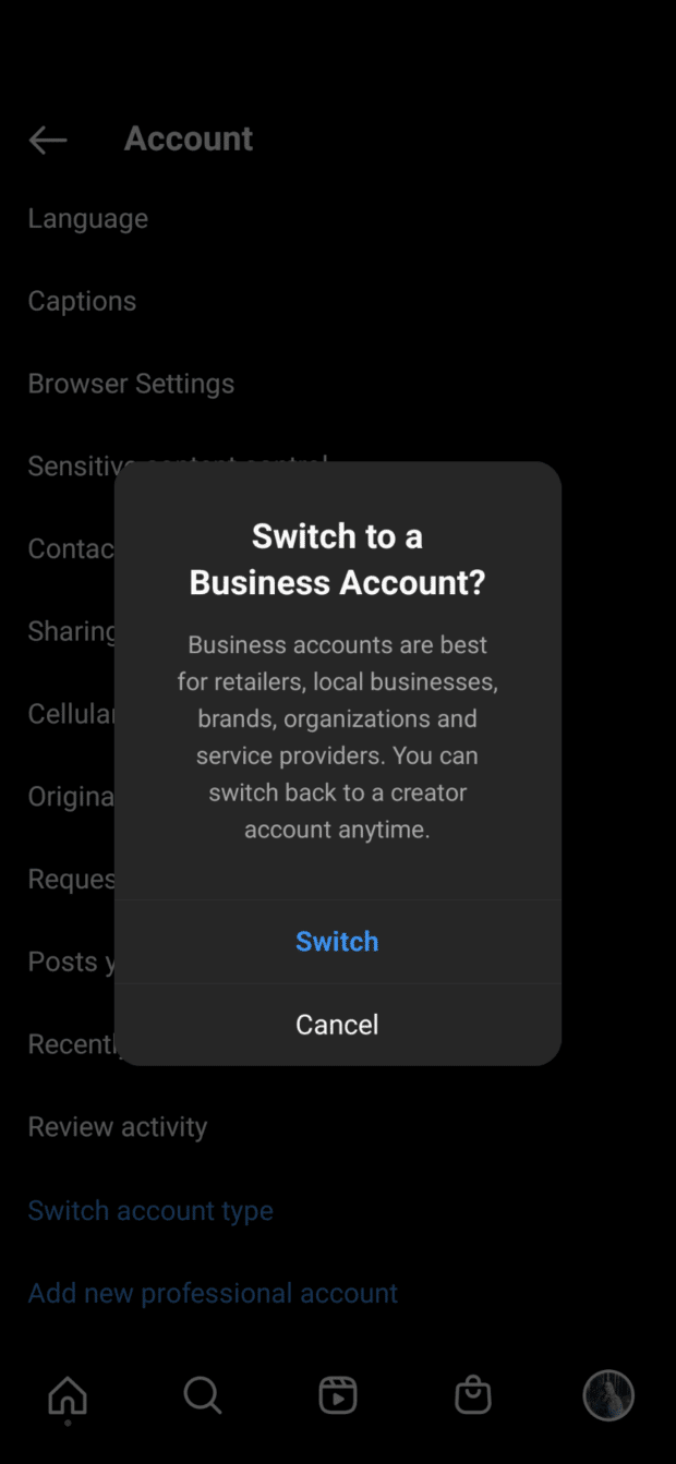 switch to Business Account on Instagram