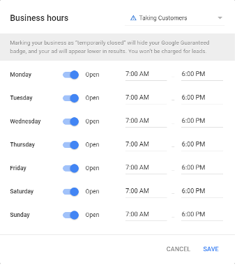 Set business hours in Google Local Services