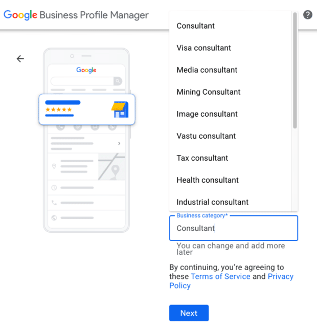Google Business Profile Manager business category