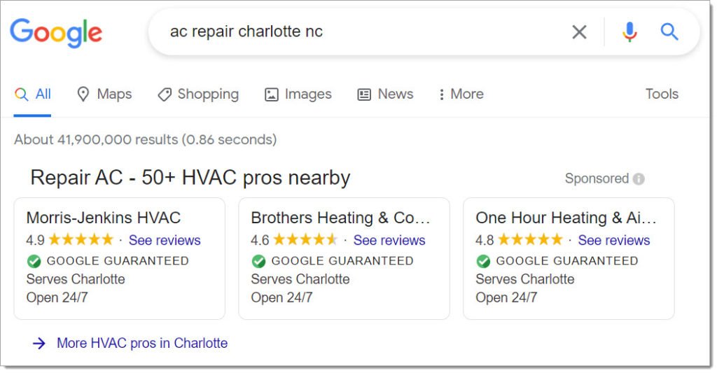 HVAC Google Local Services ad example