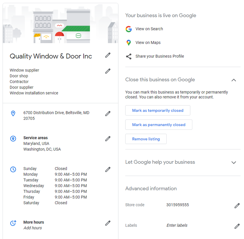 Window and door company Google Business Profile
