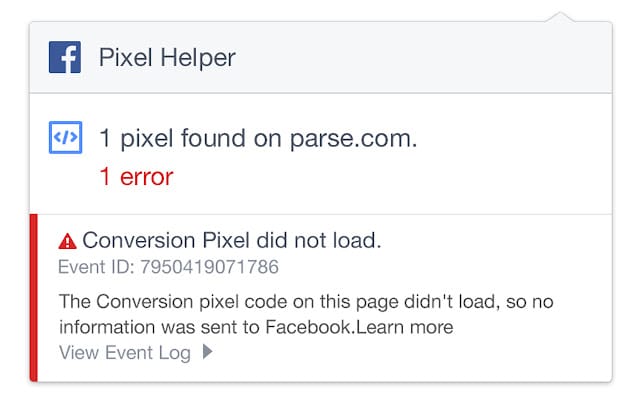 Facebook pixel error information pop-up