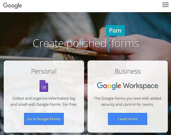 Google Forms homepage