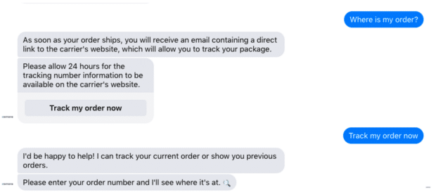 Simons order tracking Facebook messenger chatbot