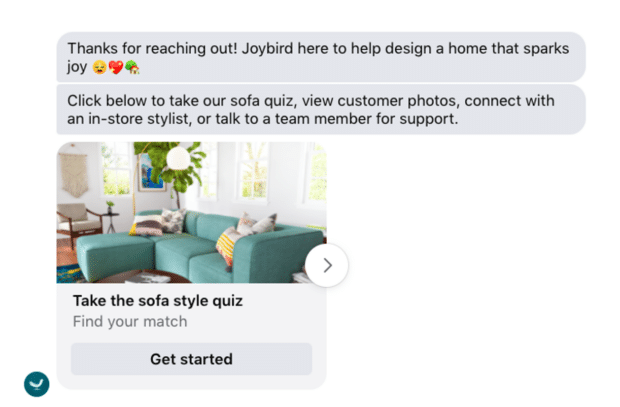 Joybird sofa style quiz on Facebook messenger