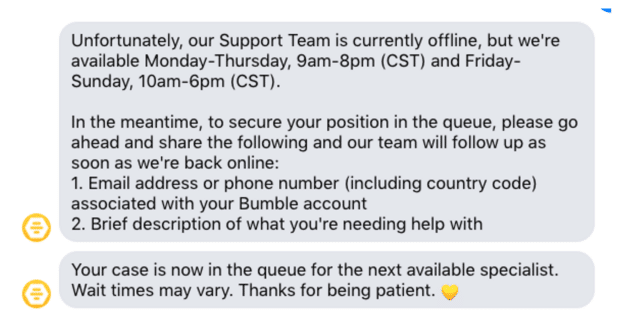 Bumble Support Team hours of operation