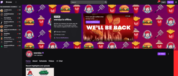 Fast-food chain Wendy’s branded Twitch channel