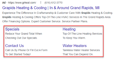 Sitelink extensions on PPC ads ran by HVAC contractor