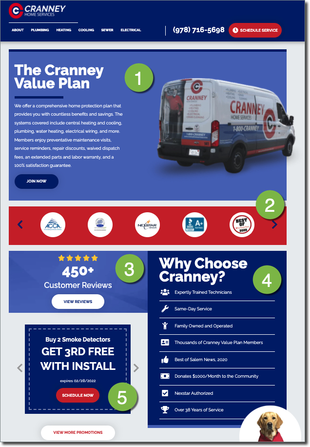 Company differentiators on HVAC, plumber, and electrician website