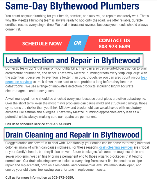 Landing page for plumbing company with geo-targeted content