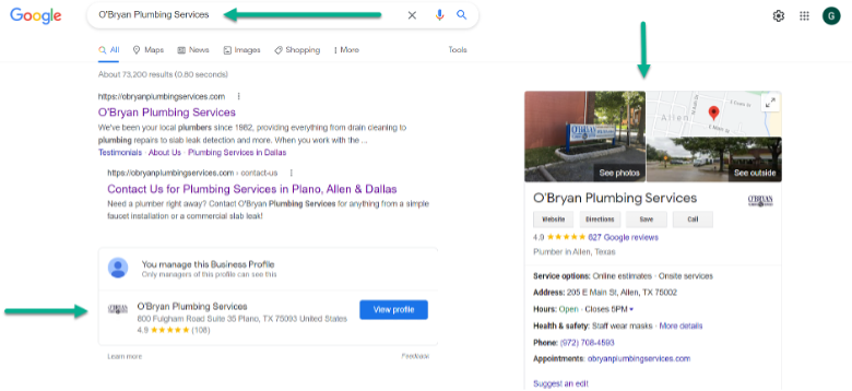 Google search results for plumbers