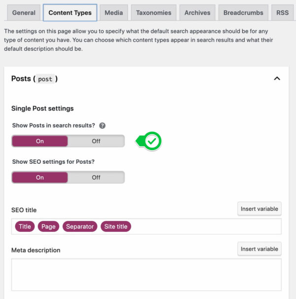 Indexing in Yoast SEO: search appearance tab