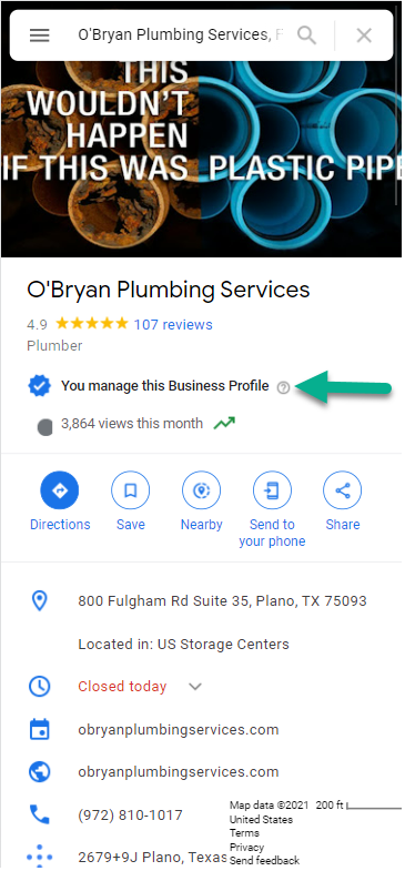 Plumber search result in Google Maps
