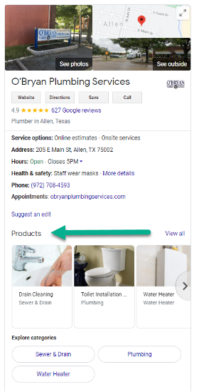 Google Business Profile products for plumbers