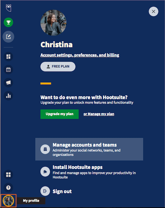 "My profile" section in Hootsuite dashboard