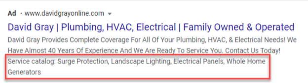 Structured snippet extension on PPC ad for HVAC, plumbing, and electrical company