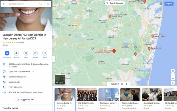 Google Maps results for search term dentist New Jersey