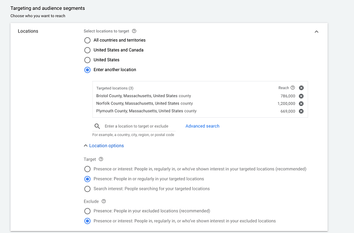 how to run google ads - screenshot of google ad campaign location targeting settings and options