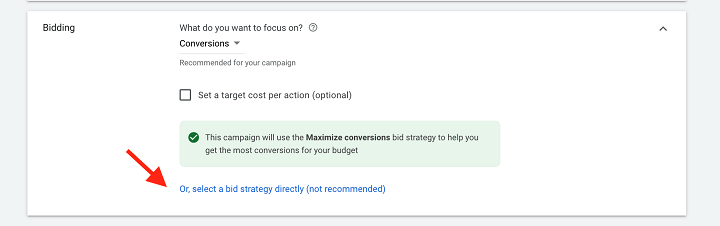 how to run google ads - example of button to select a bid strategy directly