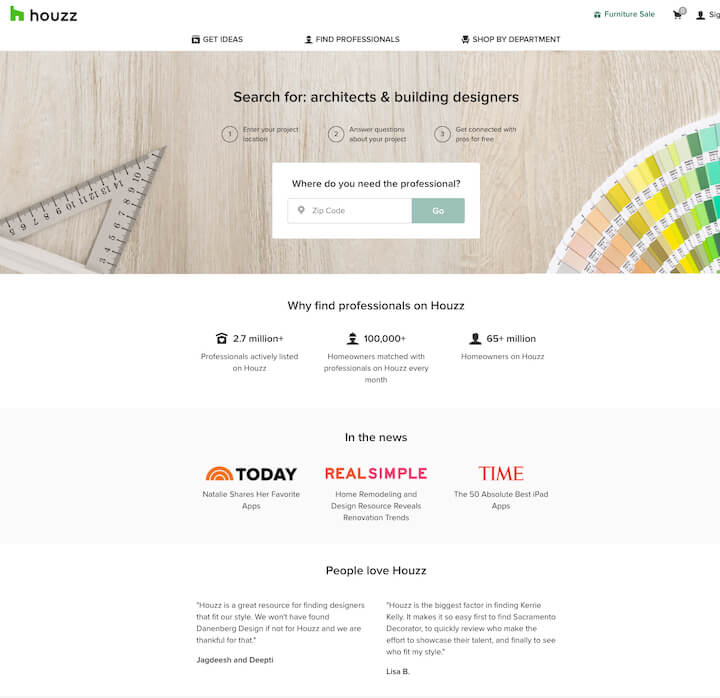 landing page examples - houzz
