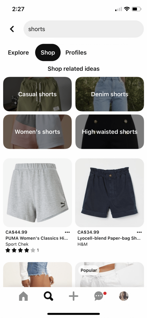 Pinterest mobile shorts suggestions