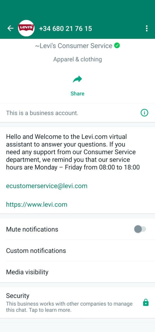 WhatsApp business profile Levi's consumer service