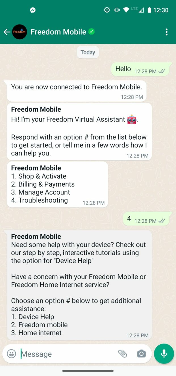 Freedom Mobile WhatsApp chatbot customer service