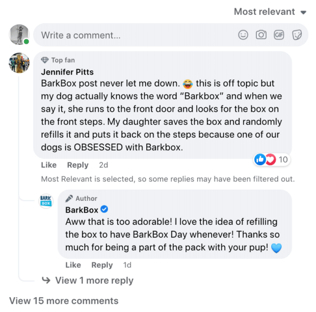 BarkBox answering customer inquiries on Facebook