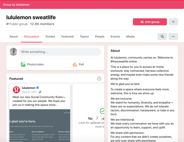 Lululemon's public group on Facebook
