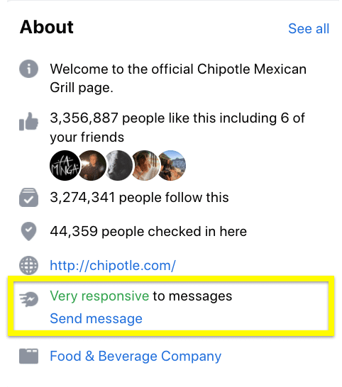 Facebook Page "About" section with information about responsiveness