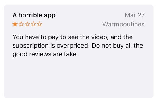 app review stating overpriced subscription and fake reviews