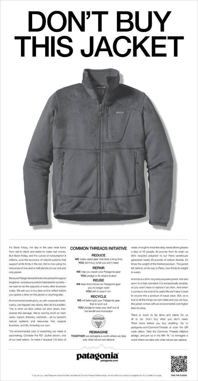 eco-friendly sustainable brands - patagonia's don't buy this jacket campaign