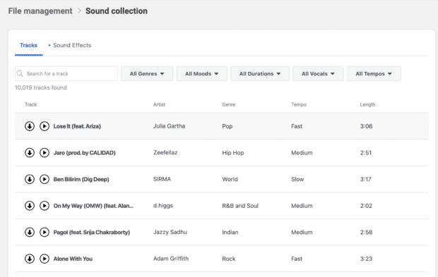 Facebook sound collection library of songs