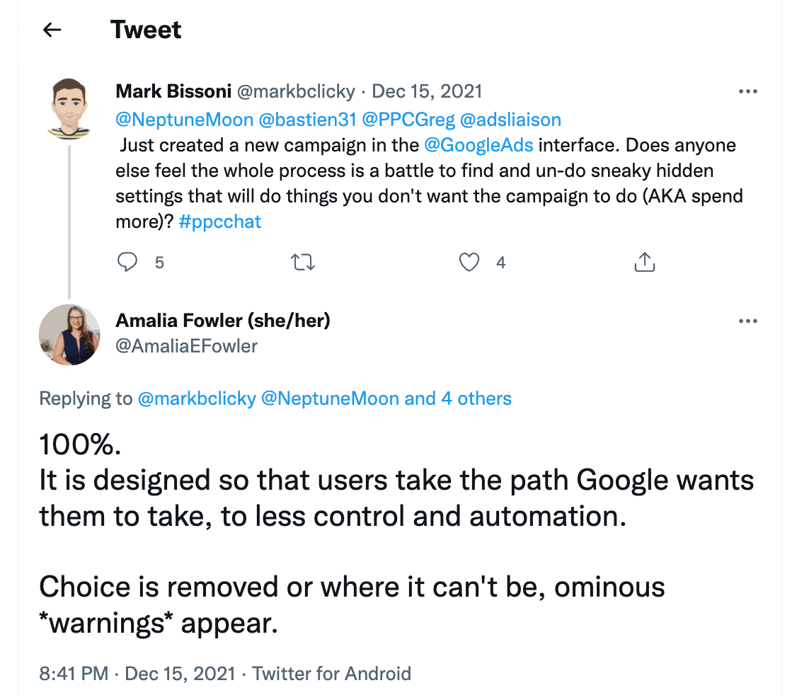 google ads performance max - tweet about google taking control