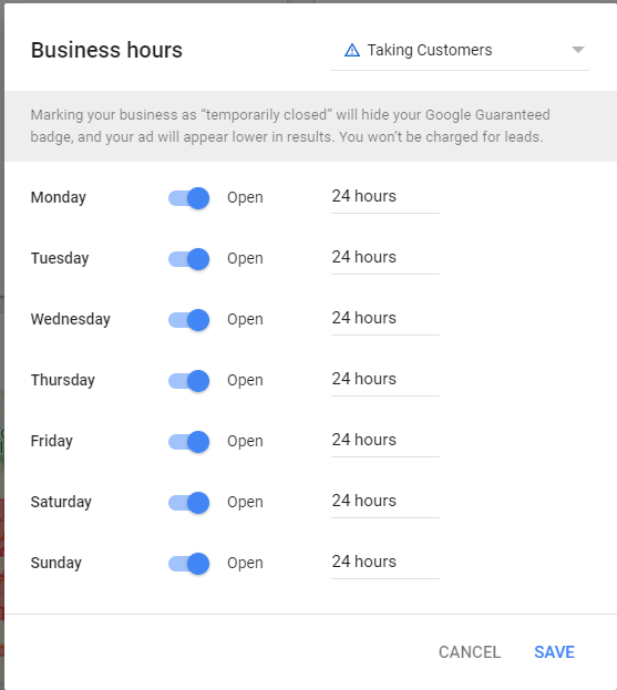 google local services ads - business hours view